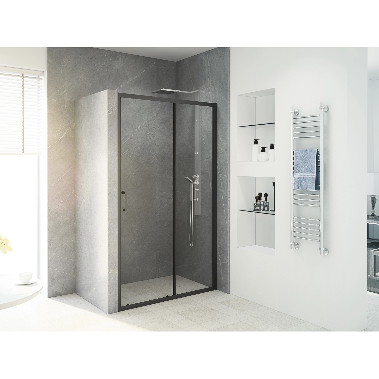 baliv Dusch-Schiebetür DUK-120.91T, 120 cm, mit schwarzem Rahmen und Klarglas in moderner Badezimmerumgebung.