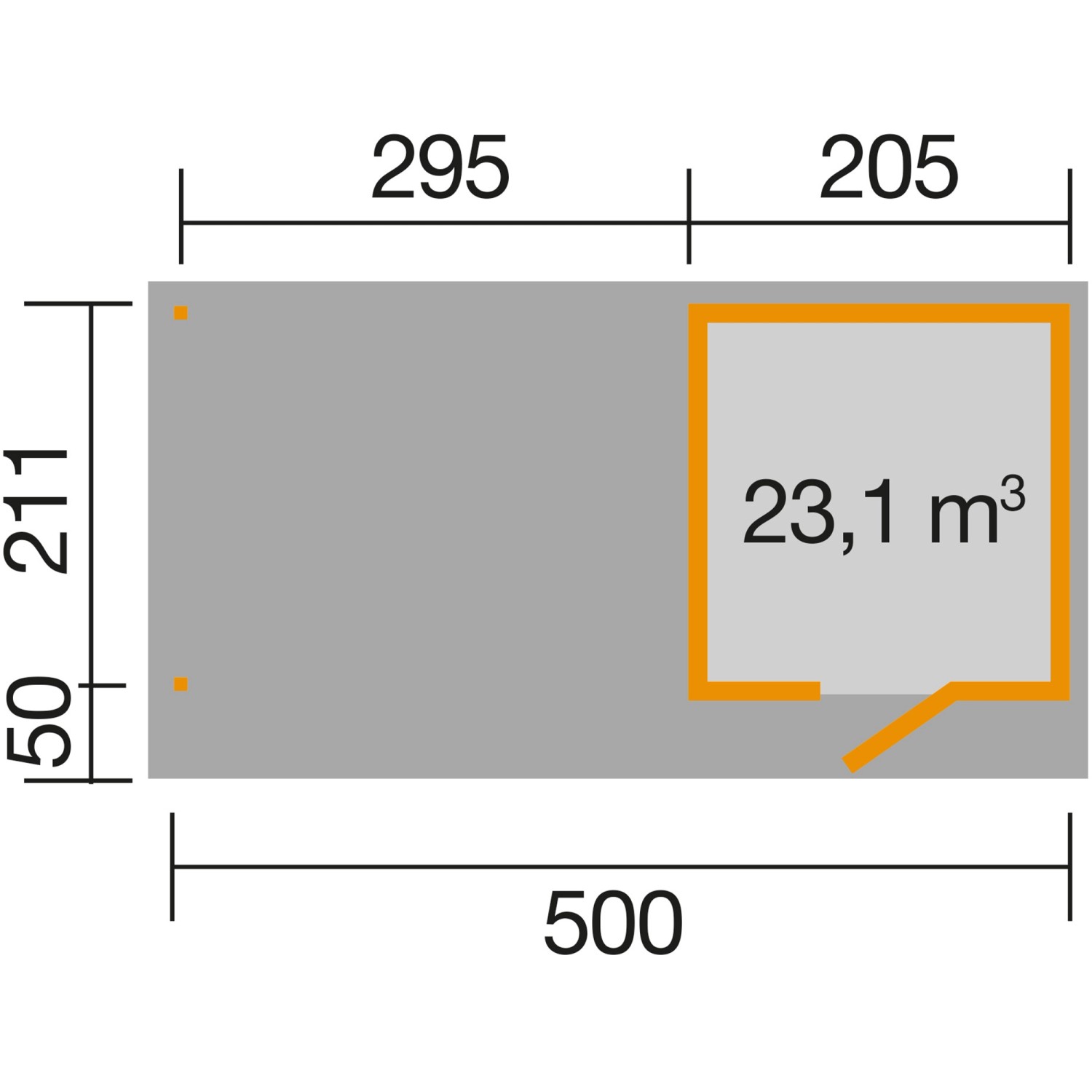 Grundriss WekaLine Gartenhaus, 500x284 cm, lasiertes Holz, mit Maßangaben.