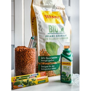 Seramis Bio-Set: Vitalnahrung, Pflanzgranulat, Gießanzeiger. Flüssigdünger für Pflanzen und Kräuter.