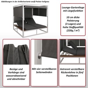 Weiße Lounge-Gartenliege mit grauem Polster und verstellbaren Seitenwänden.