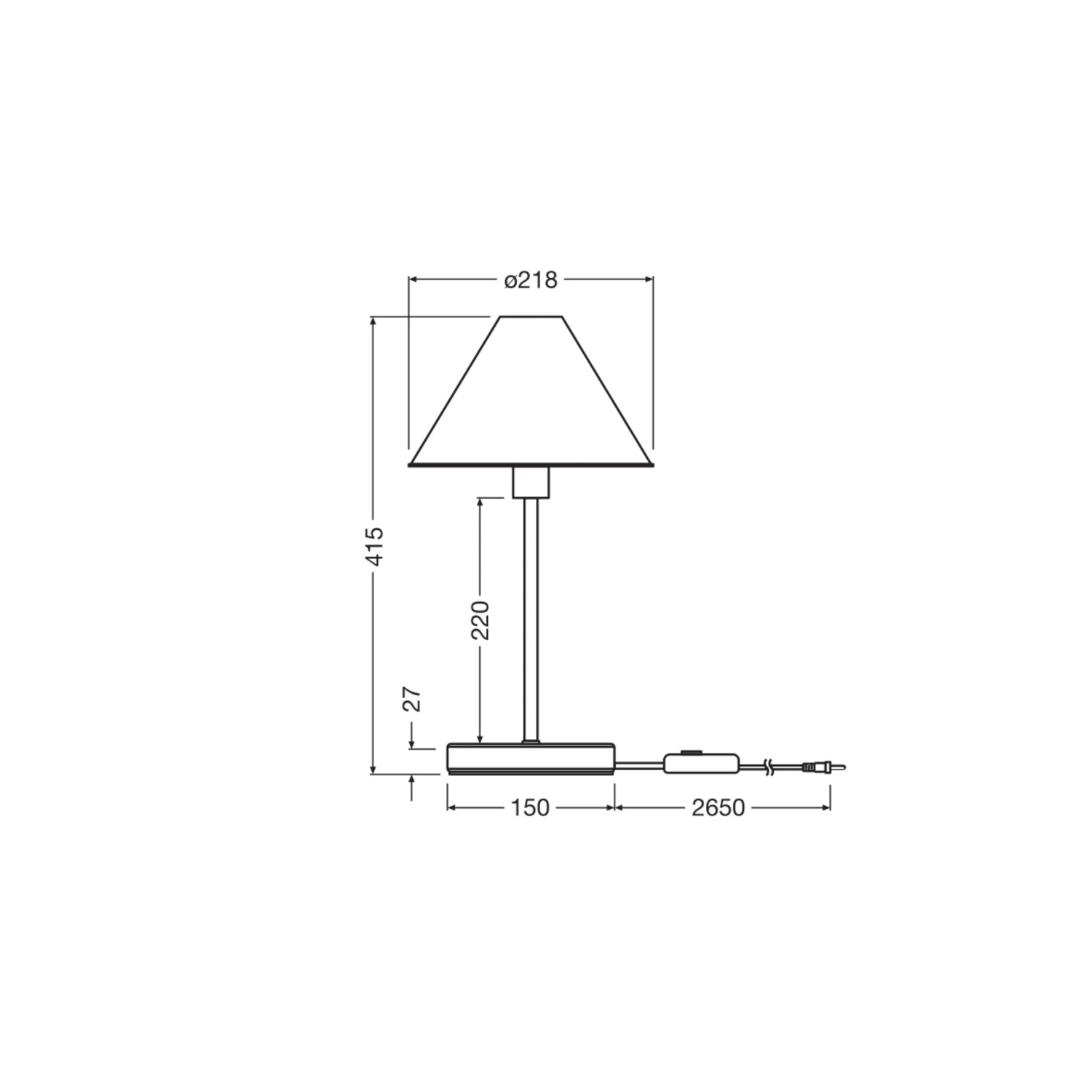 Technische Zeichnung der dimmbaren Ledvance Tischleuchte Decor Pulp, weiße Design-Tischlampe mit Maßen.
