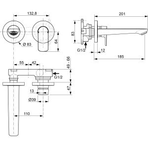 Technische Zeichnung: Ideal Standard Connect Air Wand-Waschtischarmatur, Ausladung 18,5cm, Magnetic Grey.