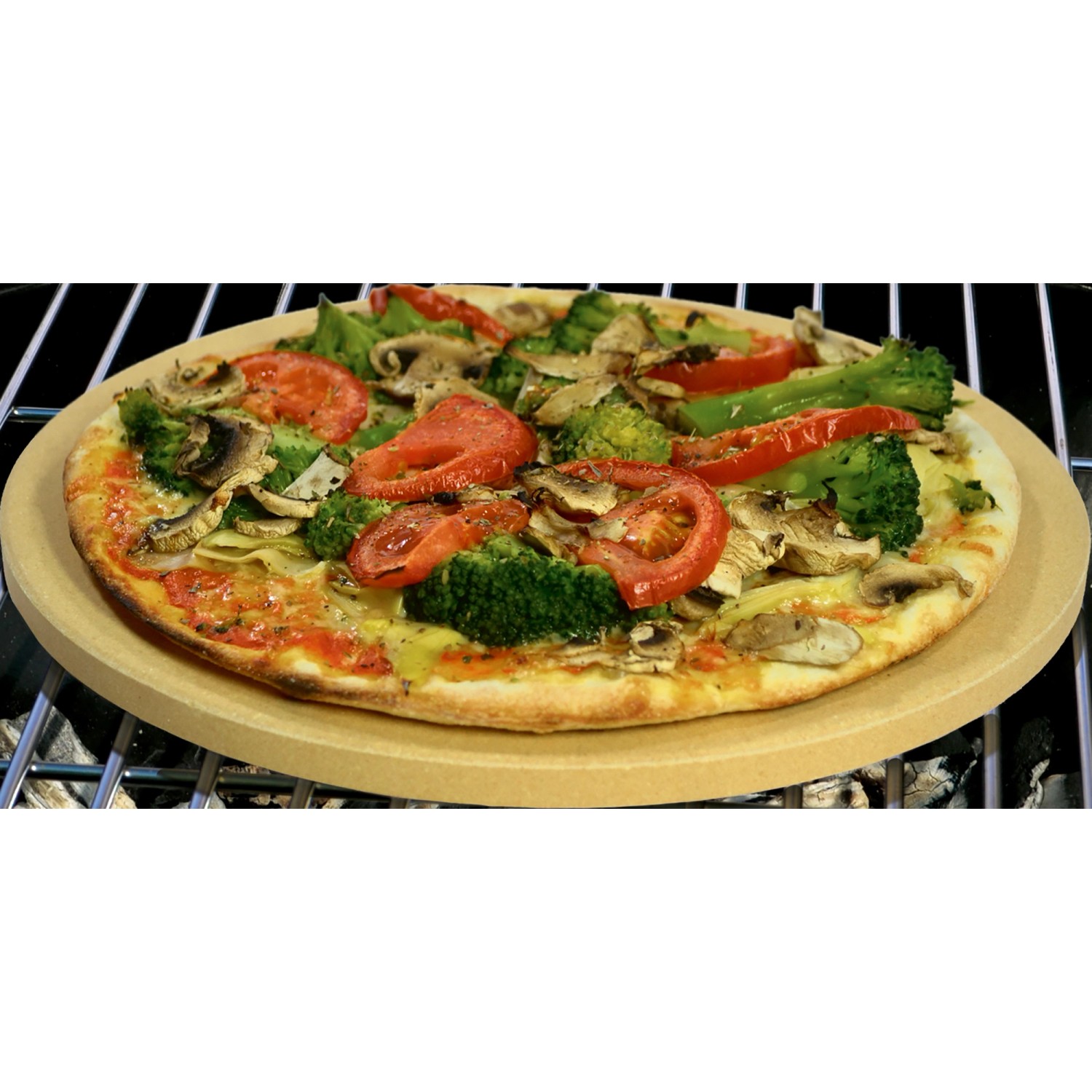 Jamestown Pizzastein mit Pizza, belegt mit Gemüse, auf einem Grillrost.