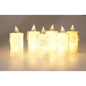Sechs warmweiss leuchtende LED-Kerzen mit Flammeneffekt aus transparentem Polypropylen, ideal für Weihnachtsdekoration.