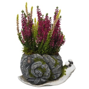 Herbst-Arrangement in grauem Beton-Schneckentopf mit lila Heide und grünem Moos, Ø 21 cm, für außen.