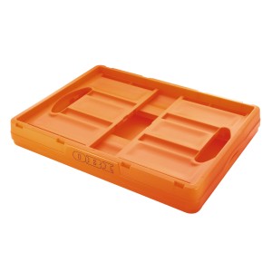 Zusammengeklappte, orange OBI Klappbox mit 46 l Volumen. Praktische Aufbewahrungsbox.