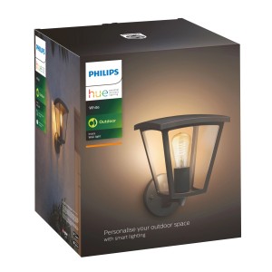 Verpackung der Philips Hue White Inara LED-Wandleuchte in Schwarz, 550 lm, E27 für den Außenbereich.