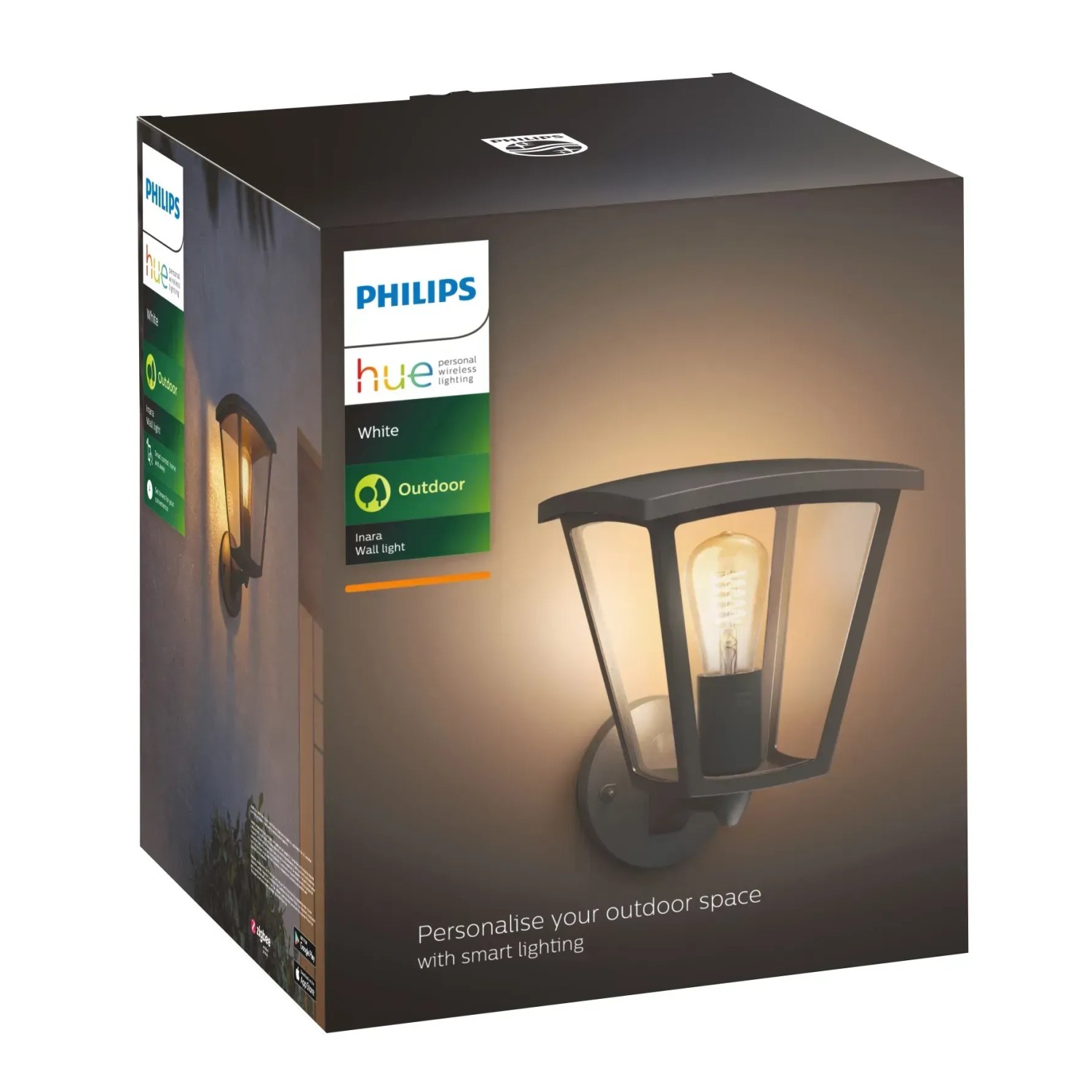 Verpackung der Philips Hue White Inara LED-Wandleuchte in Schwarz, 550 lm, E27 für den Außenbereich.