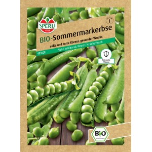 Samenpackung Sperli Bio-Sommermarkerbse mit Erbsenschoten und Körnern.