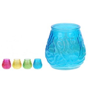 Citronella Duftkerzen im strukturierten Glas, sortiert in Blau, Gelb, Pink, Grün. Eine große, vier kleine Kerzen.