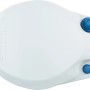 Weiße, mobile Campingtoilette mit 20 l Tank und blauen Verschlüssen.