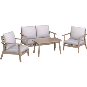 4-teilige Loungegruppe Woodsboro aus Akazienholz, weiß geölt mit beigen Polstern. Gartenmöbel-Set mit Bank, Sesseln und Tisch.