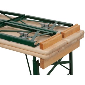 Fun Star Festzeltgarnitur, 3-teilig, beige, mit klappbarem, grünem Stahlgestell und Tischplatte aus Kiefernholz.