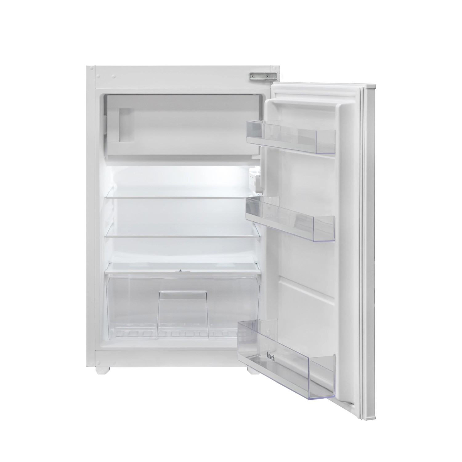 Offener, weißer Einbaukühlschrank der Flex-Well Classic Küchenzeile Wito mit Regalböden.