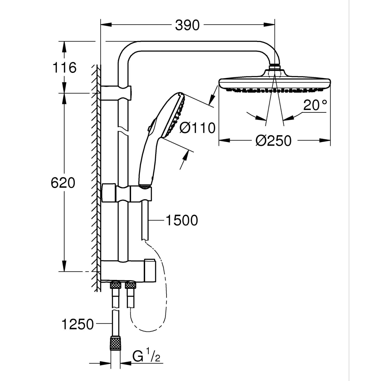 Technische Zeichnung: Grohe Vitalio Comfort 250 Flex Brausegarnitur mit Kopf- und Handbrause, Maße in mm.