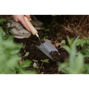 Kent & Stowe Handschaufel Carbon Steel im Einsatz beim Umtopfen im Garten.