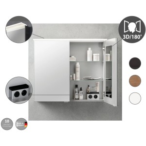 Fackelmann Spiegelschrank B.Perfekt Asteiche 80 cm mit geöffneten Softclose-Türen und Aufsatzleuchte.