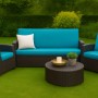Blaues Gartenkissen-Set für 2-Sitzer Polyrattan Gartensofa, 130x50 cm. Bequeme Sitzauflage für Gartenmöbel.