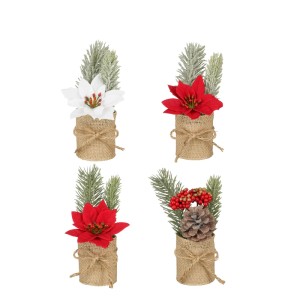 Mica Decorations Weihnachtsdekoration im Topf, 4-fach sortiert. Künstliche Tannen, Poinsettien, Zapfen, Beeren in Jute-Töpfen.