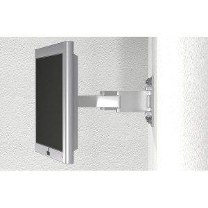Silberne TV-Wandhalterung an weißer Wand montiert.