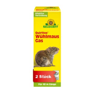 Neudorff Quiritox Wühlmaus-Gas, gelbe Packung mit Wühlmaus Abbildung.