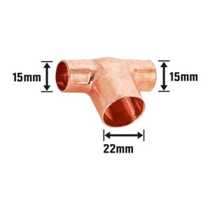 Löt-Reduzier-T-Stück aus Kupfer, 15 mm x 22 mm x 15 mm, für dauerhafte Rohrverbindungen.