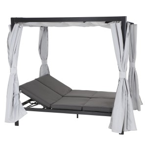 Siena Garden Loungebett Waikiki, anthrazitfarben mit hellgrauen Vorhängen, verstellbare Liegefläche.