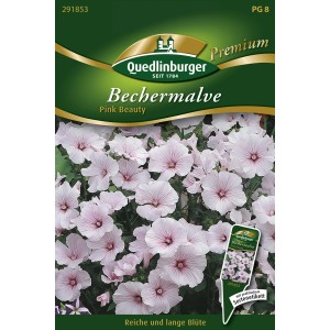 Samentüte Quedlinburger Bechermalve 'Pink Beauty' mit rosa Blüten.