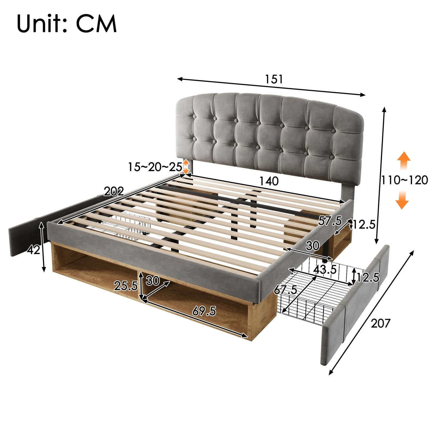 okwish Polsterbett 140x200cm mit Samtbezug Schubladen Jugendbett Grau ohne Matratze_5