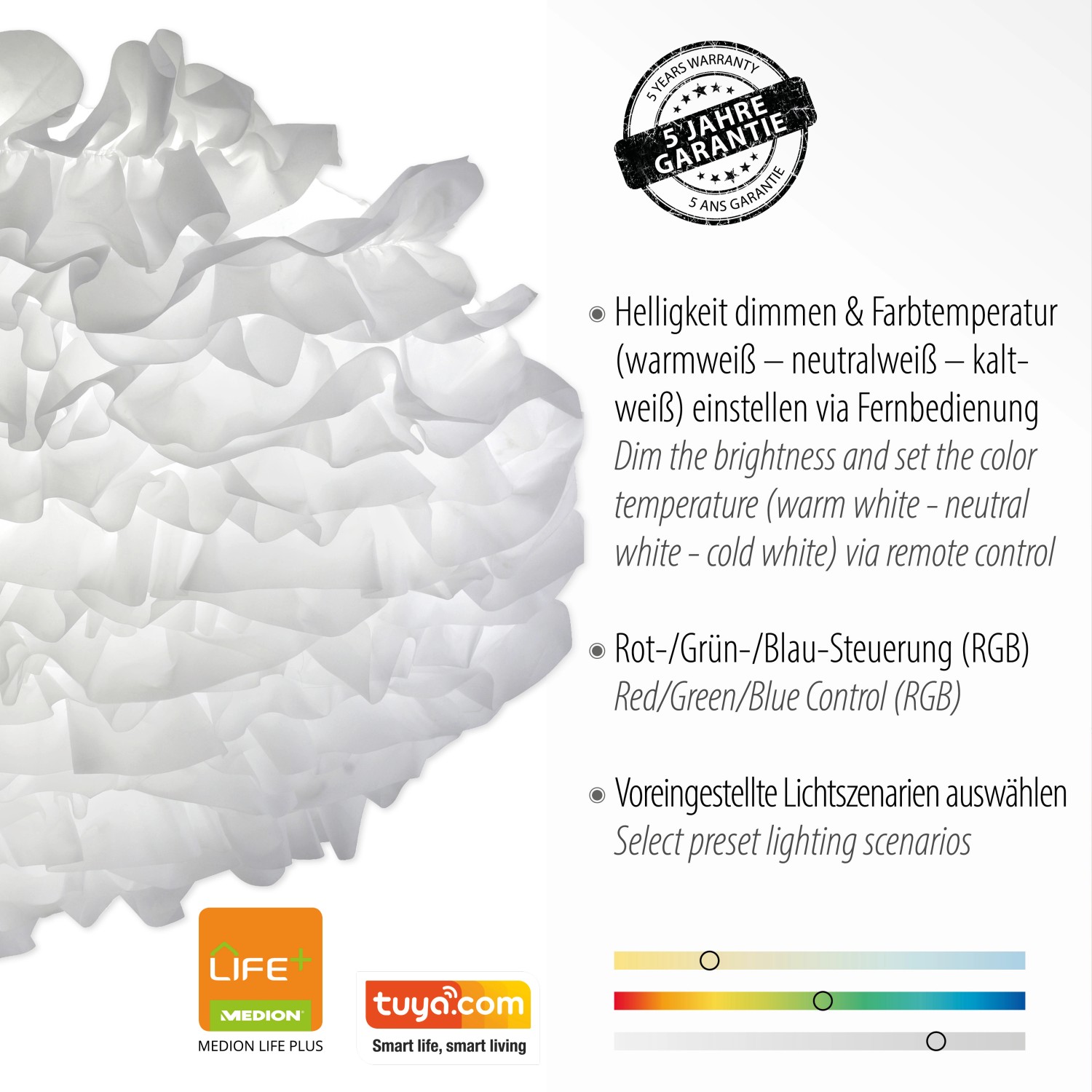 Smarte LED-Deckenleuchte Just Light LOLAsmart-Naomi, Ø 75cm, weißer Stoffschirm mit Rüschen.