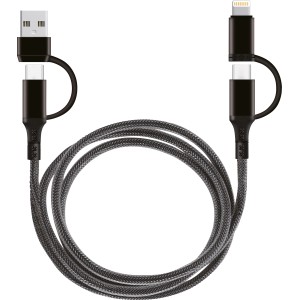 Schwarzes 4-in-1 USB Ladekabel (USB A, USB C, Lightning) für Audio-Zubehör.