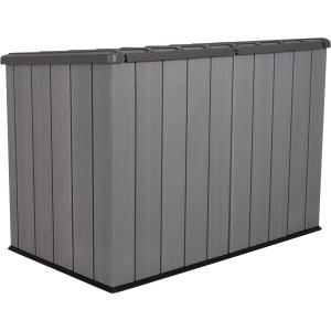 Graue Lifetime Gerätebox aus Kunststoff, ideal als Mülltonnenbox oder zur Aufbewahrung im Garten.