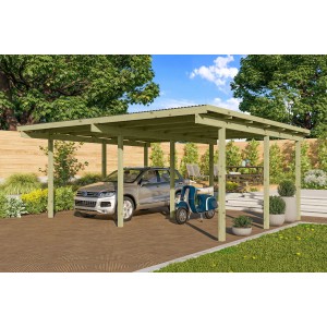 Karibu Doppelcarport Eco aus Holz mit Auto und Roller. Carport mit PVC Dachplatten.