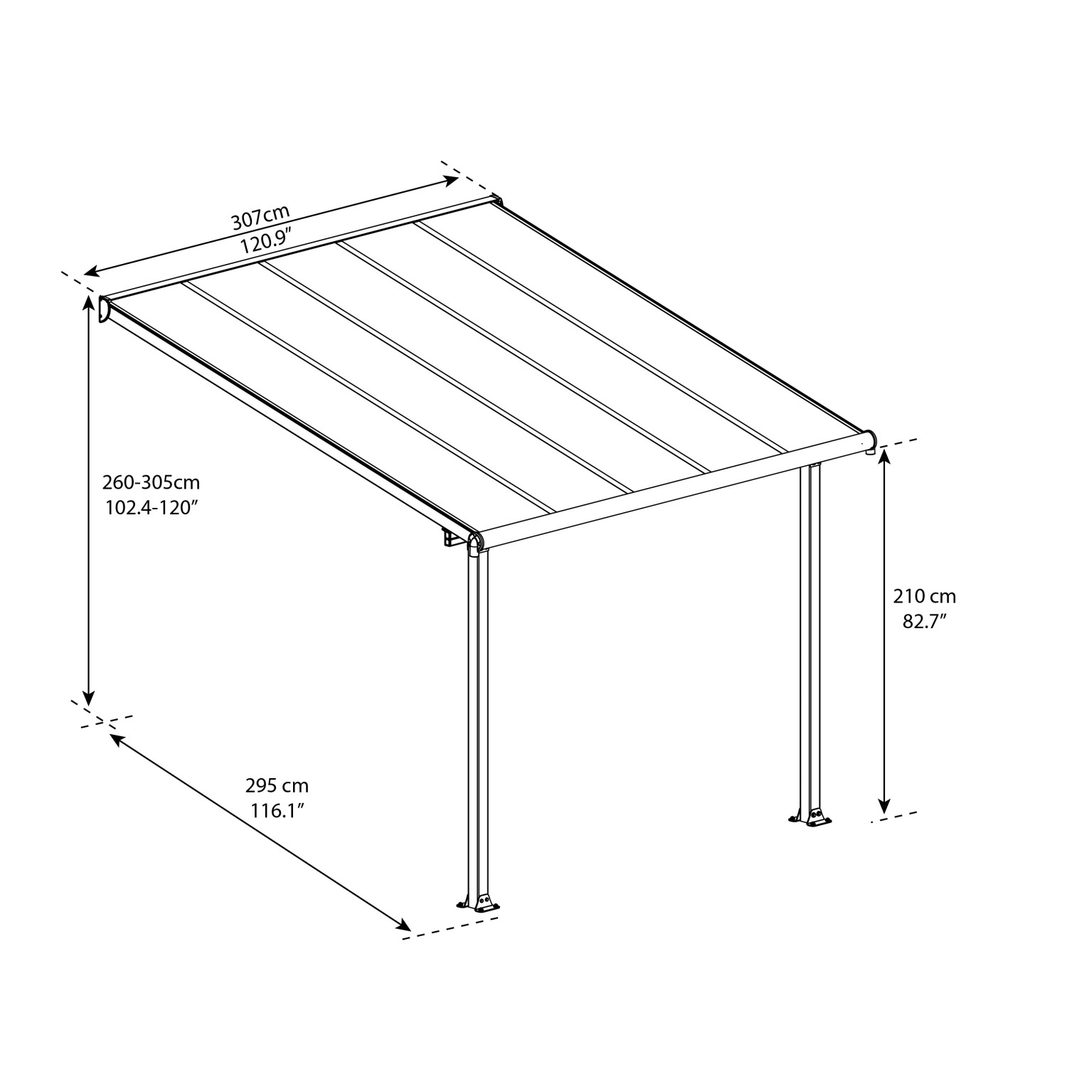 Technische Zeichnung der weißen Palram Canopia Olympia Terrassenüberdachung 3 x 3.1 mit Maßangaben.