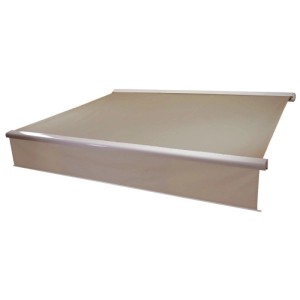 Sandfarbene MCW Kassettenmarkise 4x3m mit ausfahrbarem Volant aus Polyester.
