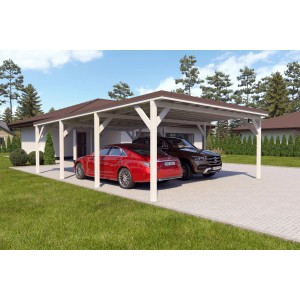 Holzbrüder Doppelcarport Ralf, reinweiß mit dunkelbraunem Blechdach, zwei Autos parken darunter.