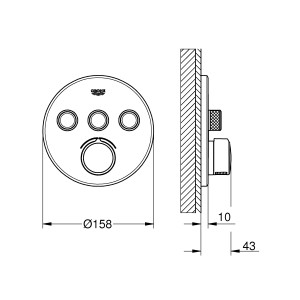 Technische Zeichnung: Grohe Unterputzmischer SmartControl, Chrom, runde Wandrosette, Maße.