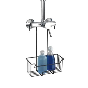 Wenko Thermostat-Dusch-Caddy Milo, schwarz matt, mit Duschgel und Shampoo an Duscharmatur.