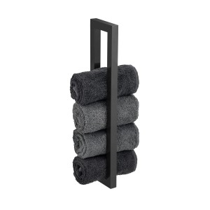 Schwarzer, matter Wenko Handtuchhalter Reitani aus Stahl mit gerollten Handtüchern.