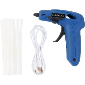 LUX Akku-Heißklebepistole mit Klebesticks und USB-Ladekabel.