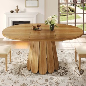 Brauner, ausziehbarer Esstisch für 6 Personen, oval, mit Holzmaserung und blütenblattförmigem Fuß. Ideal für Küche/Esszimmer.