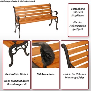 Gartenbank O25 für 2 Personen, Teakholz-Optik, mit Gusseisengestell und Holz aus Monterey-Kiefer.