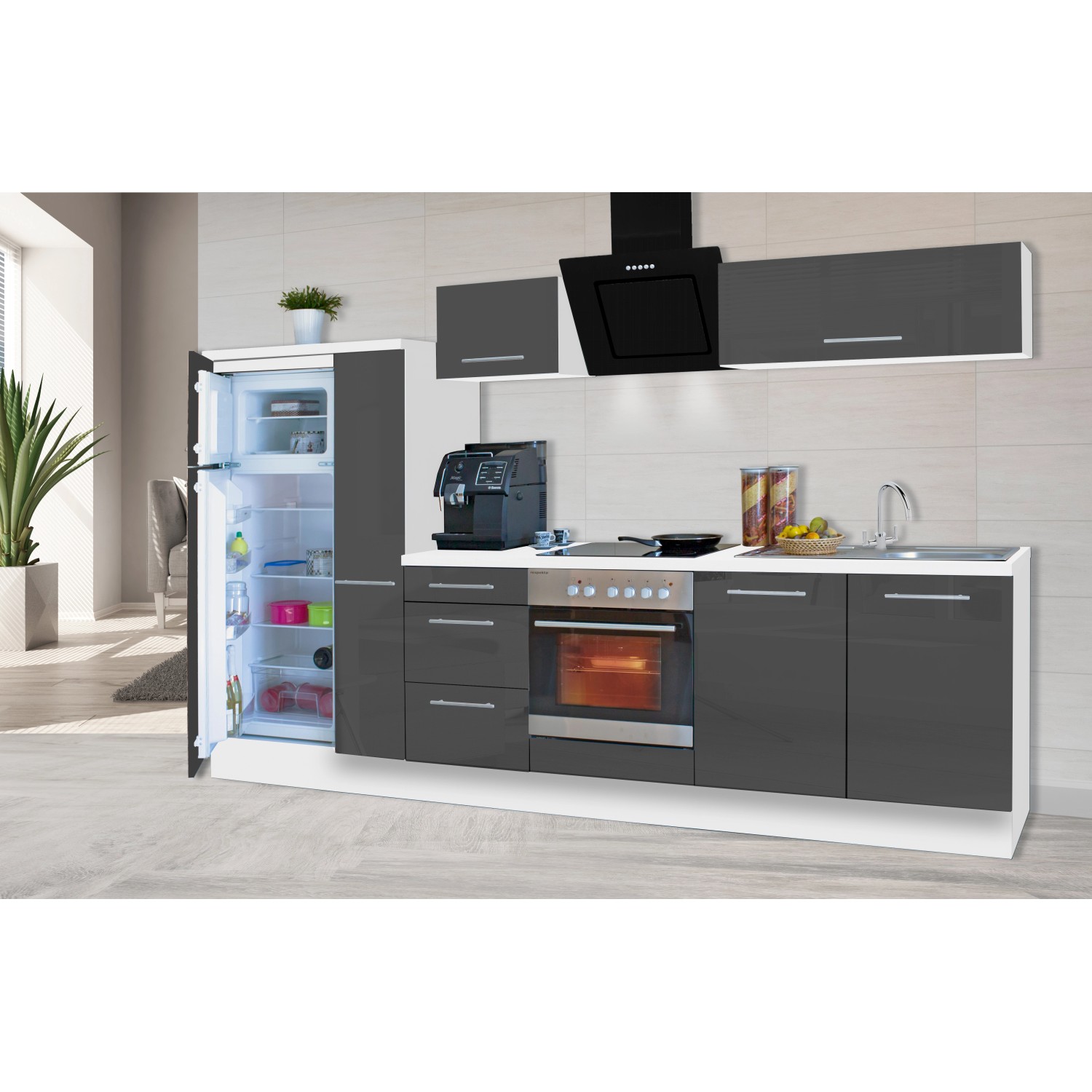 Respekta Premium Küchenzeile 300 cm in Grau Hochglanz und Weiß mit E-Geräten.