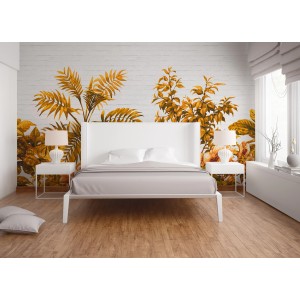 Fototapete Dschungel mit Palmen und Steinwand in Orange und Weiß hinter einem Bett.