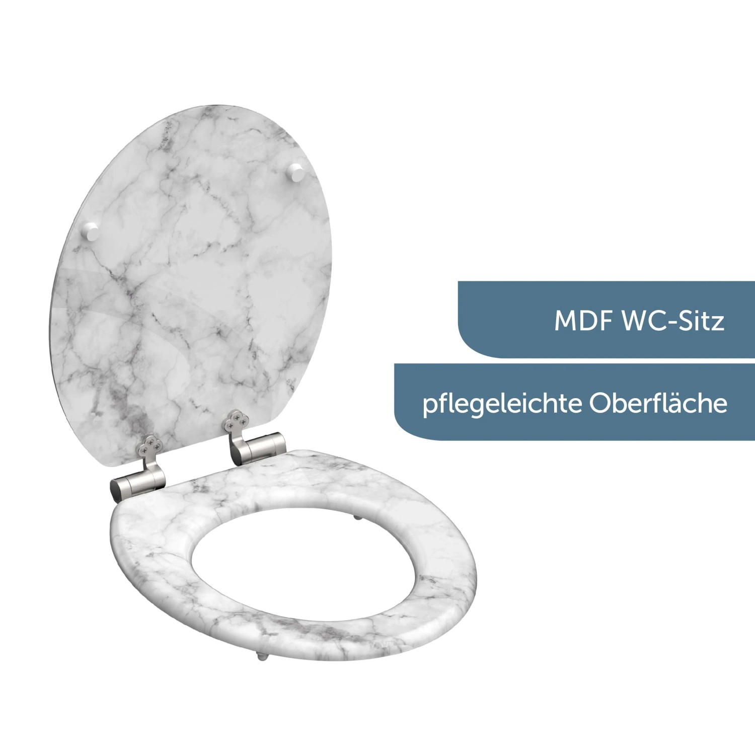 Schütte WC-Sitz MDF Marmor Stone mit Absenkautomatik, geöffnet.