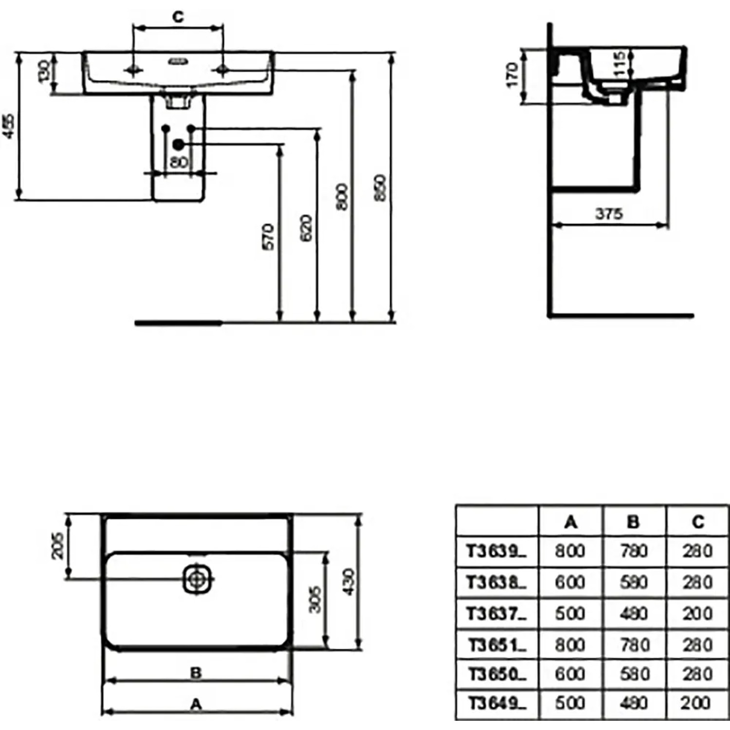 Technische Zeichnung: Ideal Standard Strada II Waschtisch, 80 cm, Maße und Details.