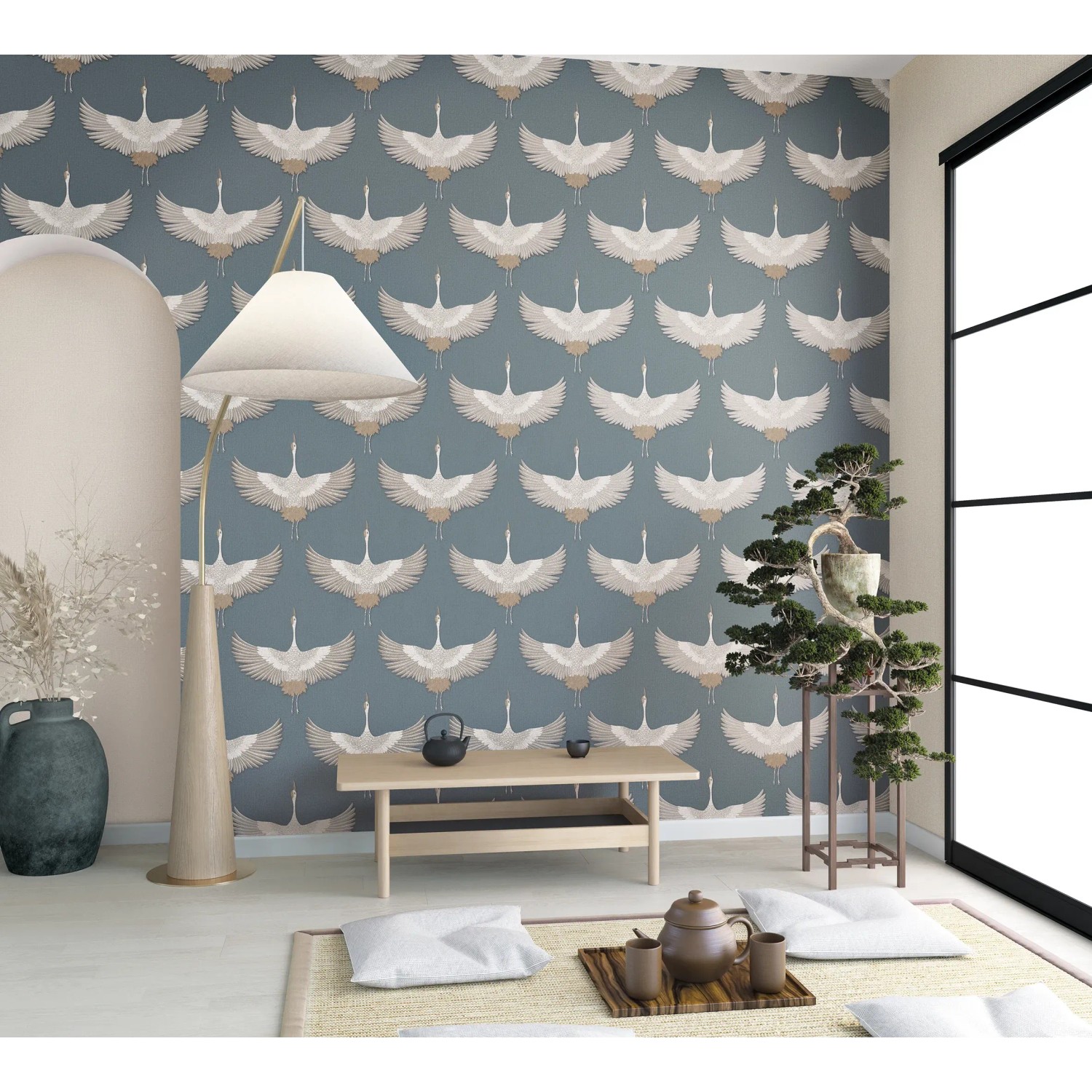 Blaue Marburg Vliestapete mit grafischem Natur-Muster (FSC®).