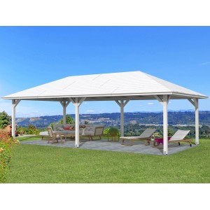 Weißer Skan Holz Pavillon Orleans 3 (424x836cm) im Garten mit Möbeln.