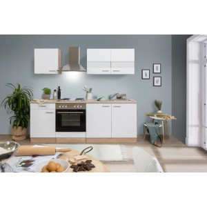 Respekta Küchenzeile KB210ESW in Weiß und Eiche Sägerau Nachbildung mit E-Geräten.