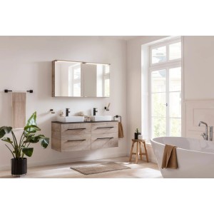 Fackelmann Waschtischplatte Oxford 120,6 cm in Schwarz Schieferstruktur mit Aufsatzwaschbecken im Bad.